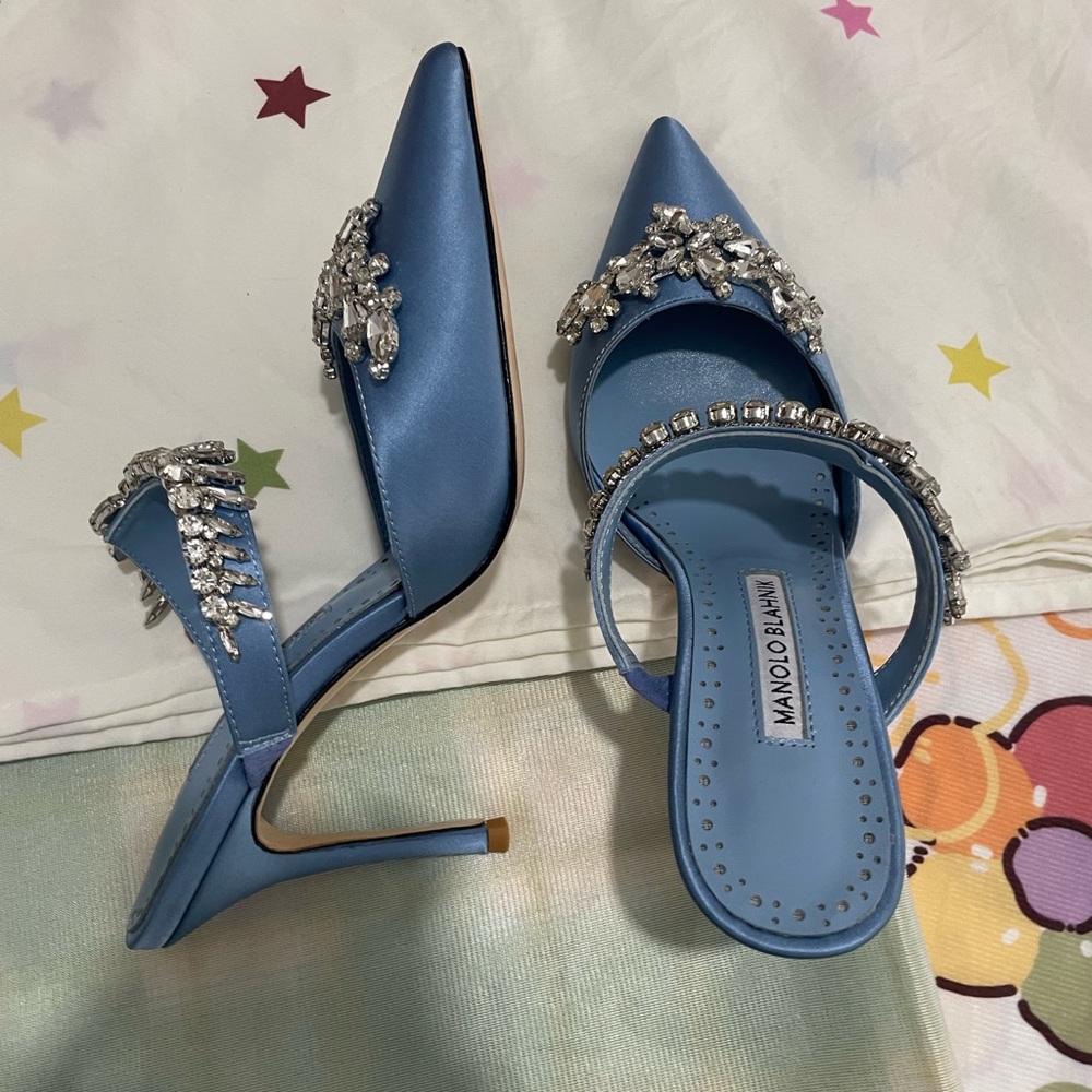 Manolo Blahnik Sky Blue Jeweled Satin Pointed-Toe Mules - Picture 10 of 10